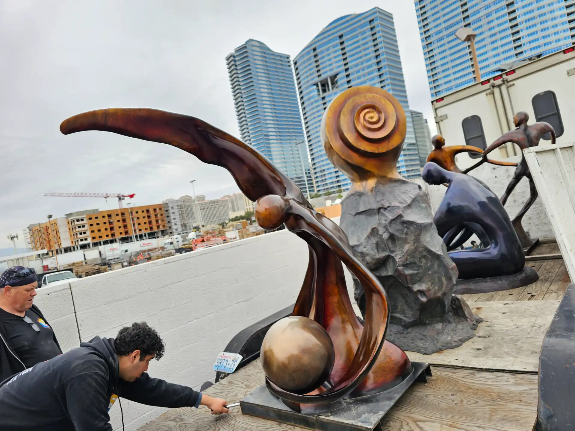 Bronze sculptures staged on a truck for delivery in Las Vegas